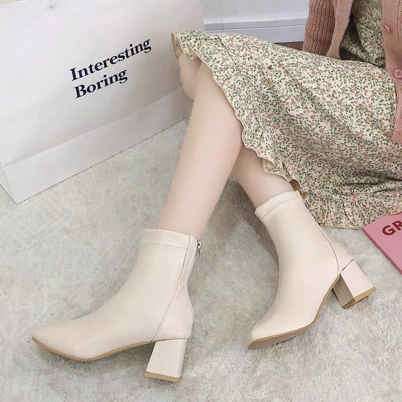 Giày bốt nữ cổ cao da mềm khóa sau, giày bốt ullzang mũi vuông gót trụ