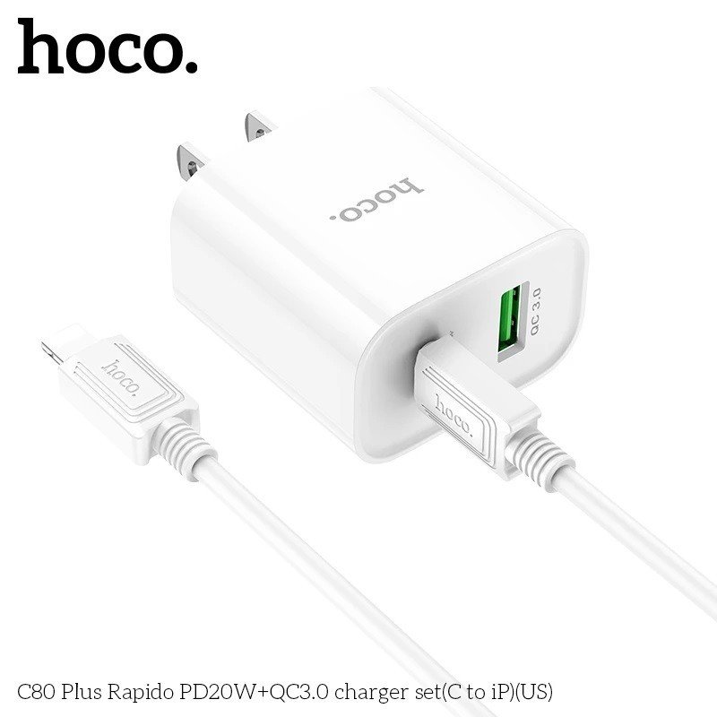 Bộ Sạc Nhanh Dành Cho Hoco. C80 Plus PD20W QC3.0 2 Cổng Sạc Type-C + USB-A Kèm Cáp Type-C To IP Dài 1m Hàng Chính Hãng