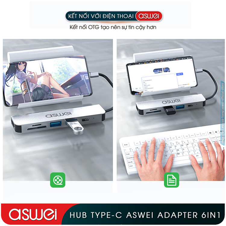 Hub Type C ASWEI 6 in 1 To HDMI, USB 3.0, SD, TF, PD - Hub Chuyển Đổi USB Type C 6 Cổng - Cổng Chia USB, Ổ Chia USB Tốc Độ Cao Dành Cho MacBook, Tivi, Laptop, PC, Máy Tính Bảng, Smartphone – Hàng Chính Hãng