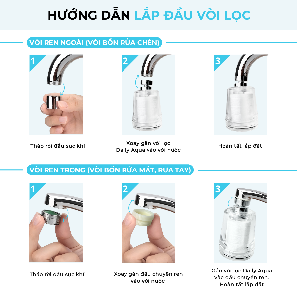 Combo Đầu Vòi Lọc Nước Daily Aqua Cho Bồn Rửa Tay, Rửa Chén - Loại Bỏ Vi Khuẩn, Tạp Chất, Cặn Bẩn
