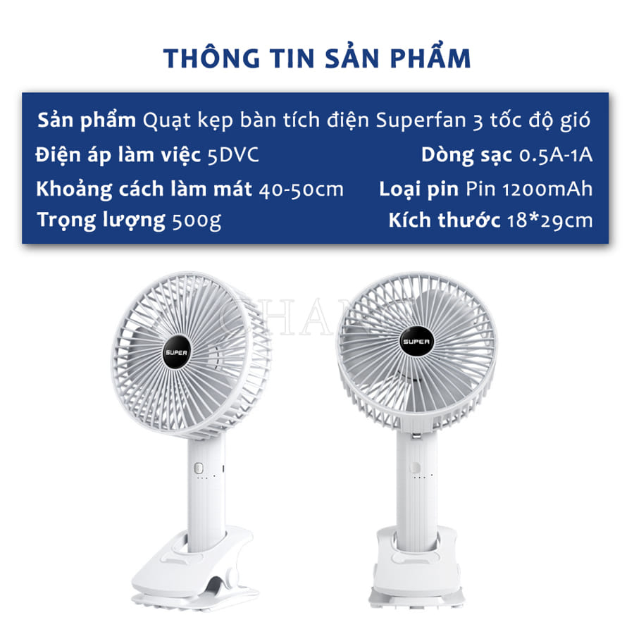 Quạt Tích Điện Để Bàn Có Đế Kẹp Tiện Lợi Đầu Xoay 360 Độ