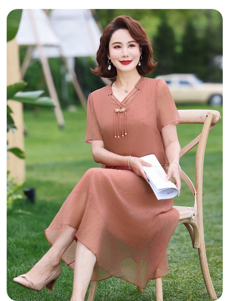 Váy Voan Mùa Hè Ngắn Tay Cổ Chữ V Của Mẹ VH105 - Hàng Quảng Châu Cao Cấp