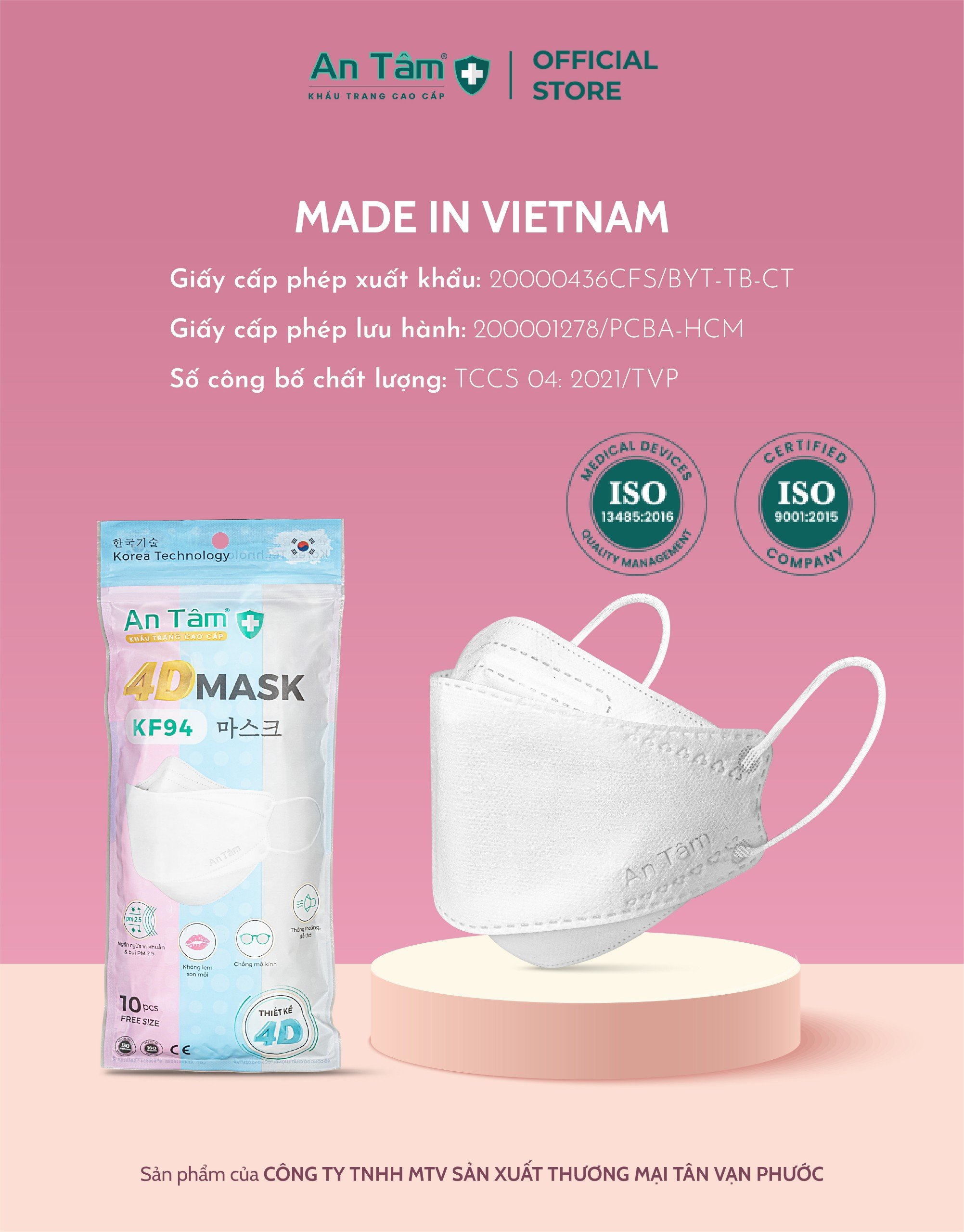 [100 Cái] Bộ 10 Túi Khẩu Trang Y Tế Kháng Khuẩn KF 94 An Tâm- 10 Cái/Túi