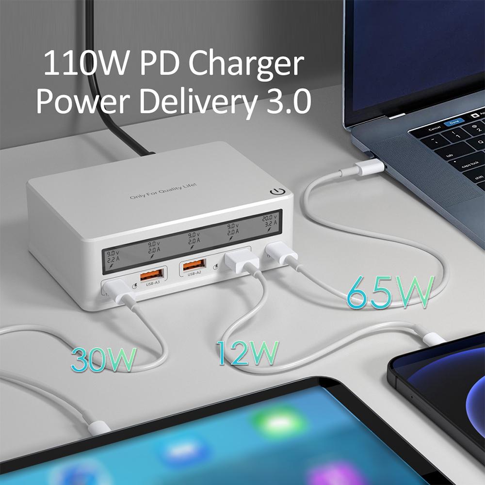 USB Wall Charger 110W 5-Port USB Charging Station Multi Port USB Hub Charger Compact Size LCD Display Compatible with Smartphone Tablet and Multiple Devices