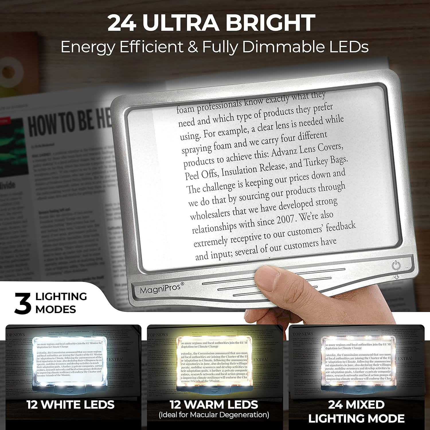 Kính lúp đọc sách cỡ lớn Anti- Glare Led Magnipros 1815 (5x, có đèn led) (Hàng chính hãng)