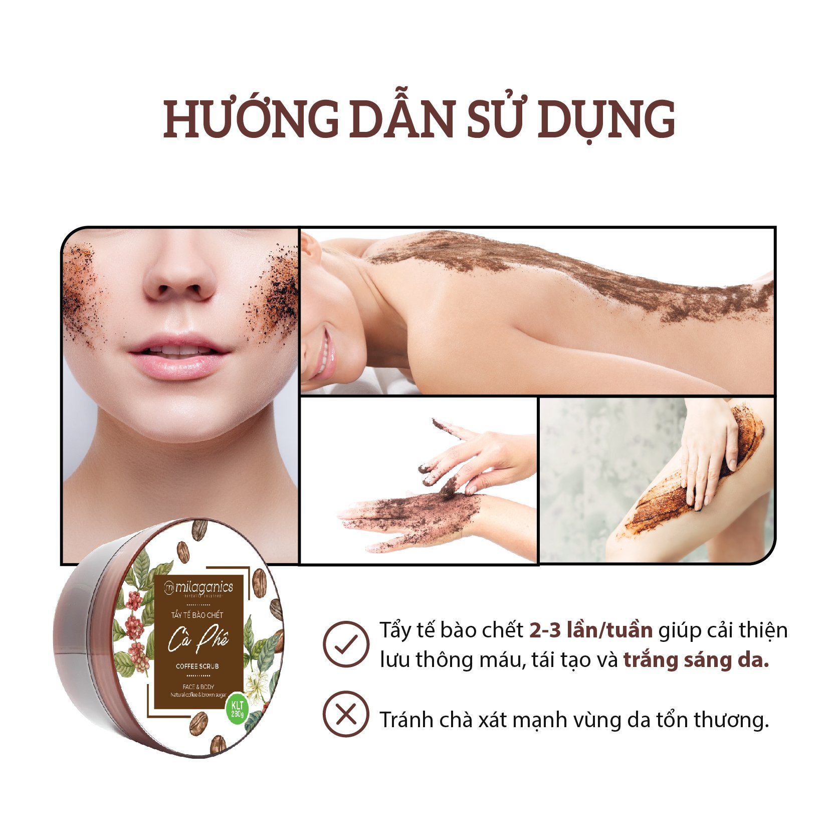 Scrub Tẩy Da Chết Body &amp; Mặt Từ Cà Phê Robusta Trắng Da, Giảm Thâm Nám MILAGANICS ( 280gr/ Hũ