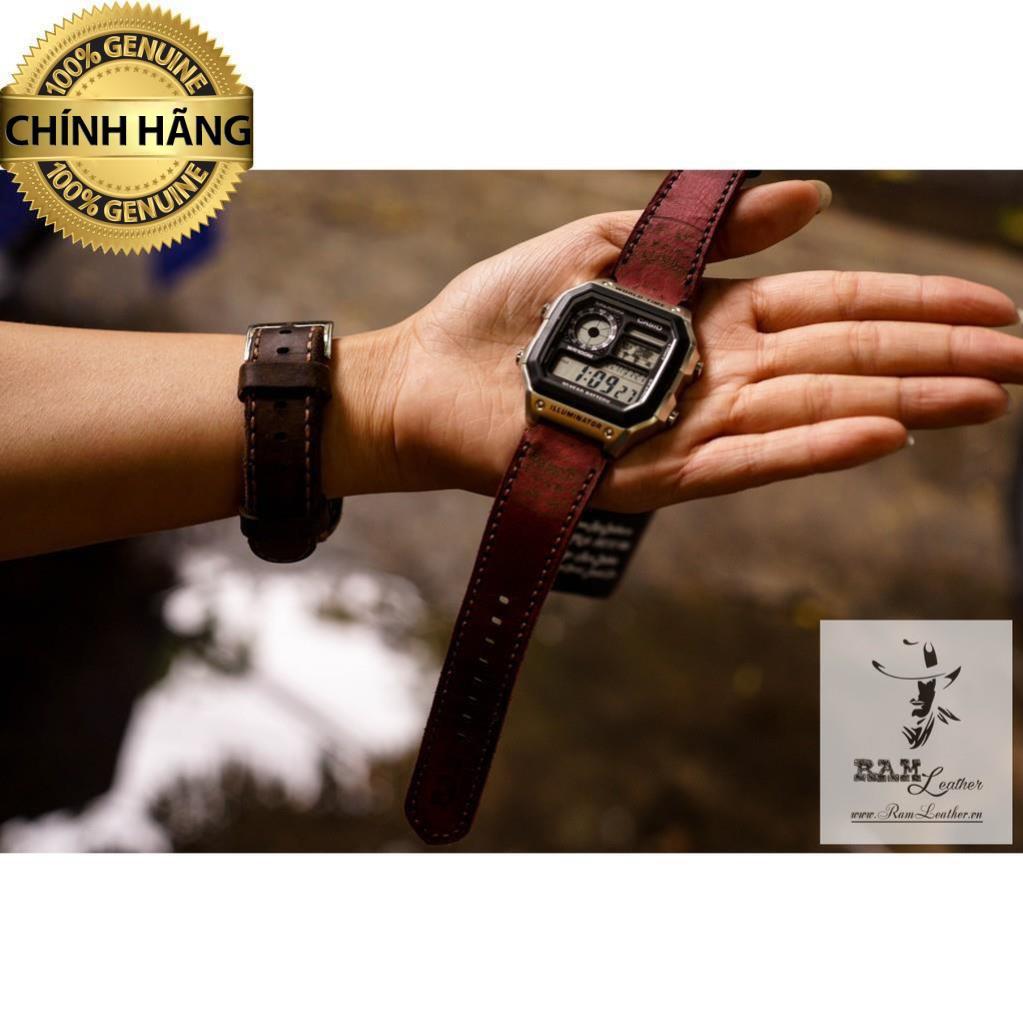 DÂY ĐỒNG HỒ TRỐNG ĐỒNG DÀNH CHO CASIO AE1200/SEIKO5 DA BÒ THẬT BURGUNDY ĐỎ .
