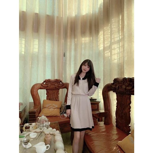 Set áo len cổ nơ + chân váy xoè cao cấp