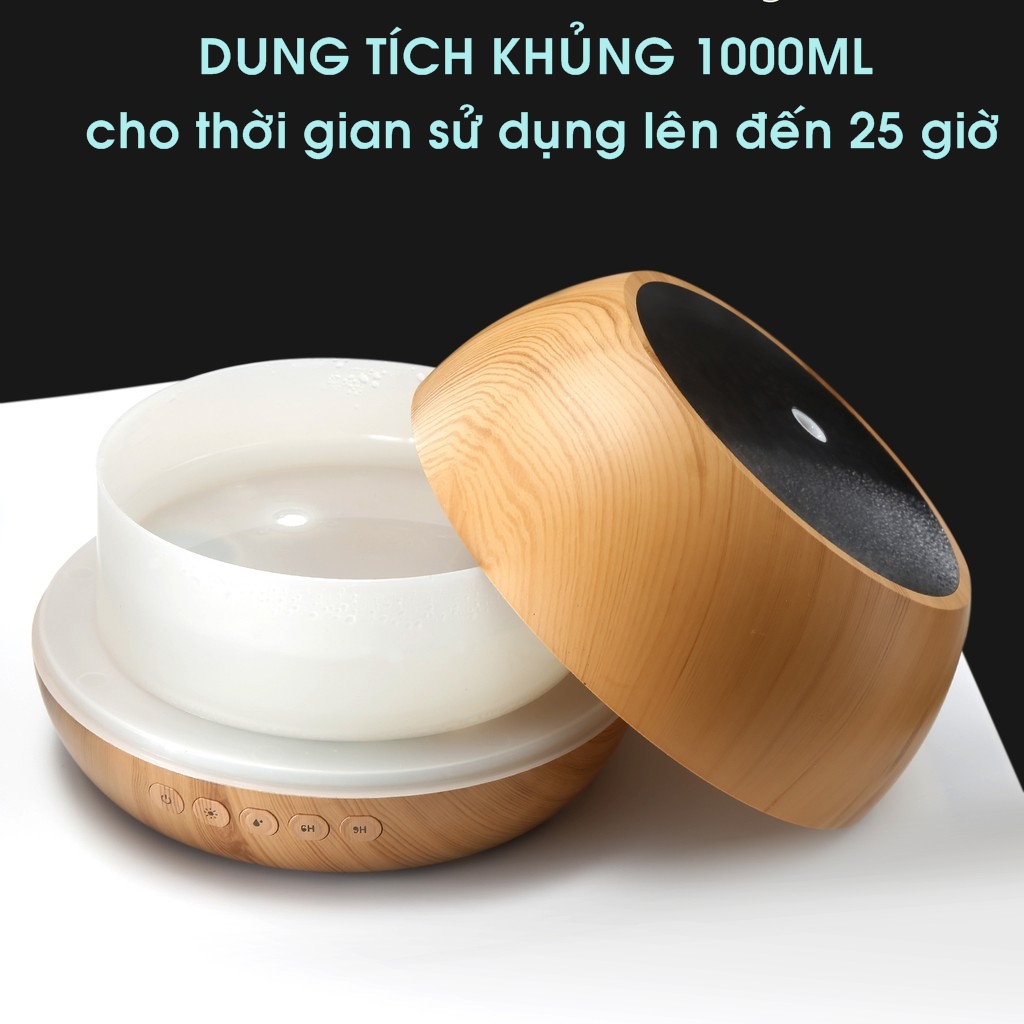 (Tặng Điều Khiển, Tặng Tinh Dầu) Máy Xông Khuếch Tán Tinh Dầu Thùng Gỗ Loa 1000ml Nghe Nhạc