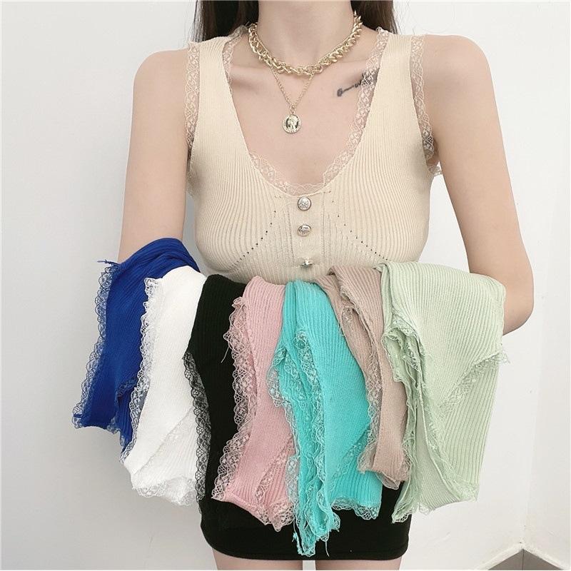 MS633 Áo ba lỗ viền ren đính cúc len tăm Quảng Châu