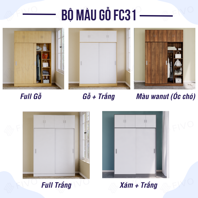 Tủ Treo Quần Áo Cửa Lùa Gỗ MDF Chống Ẩm Cao Cấp FC31 FIVO, Nhiều Ngăn Đựng Đồ, Không Gian Hộc Tủ Trên Rộng Rãi