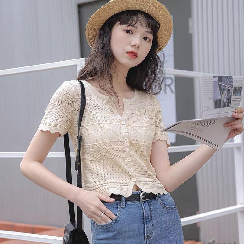 Áo croptop dệt kim len mongtoghi nữ tay ngắn kiểu cổ V thời trang hàng đẹp Quảng Châu cao cấp trẻ trung