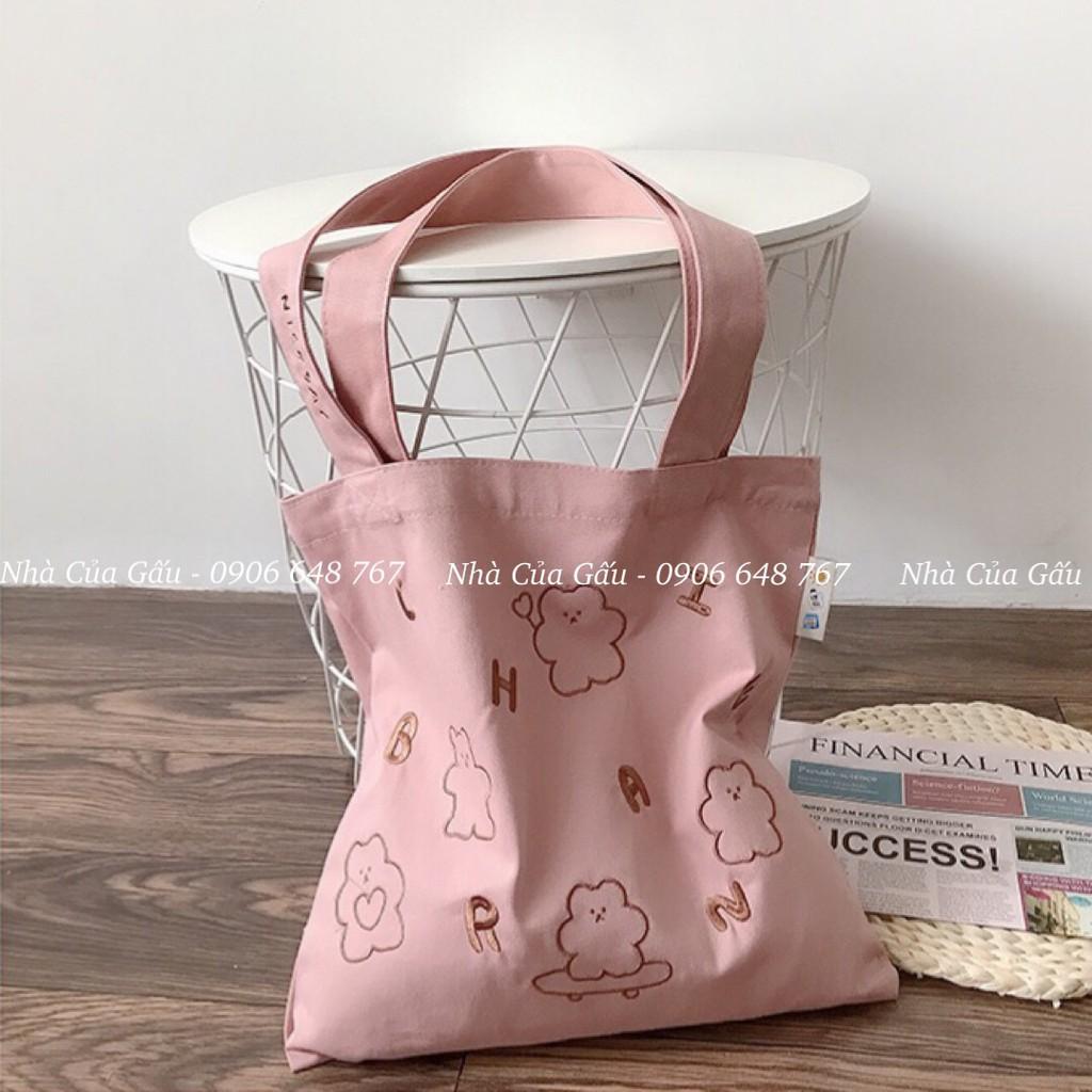 Túi xách tote vải canvas xịn hình gấu kèm chữ siêu đẹp