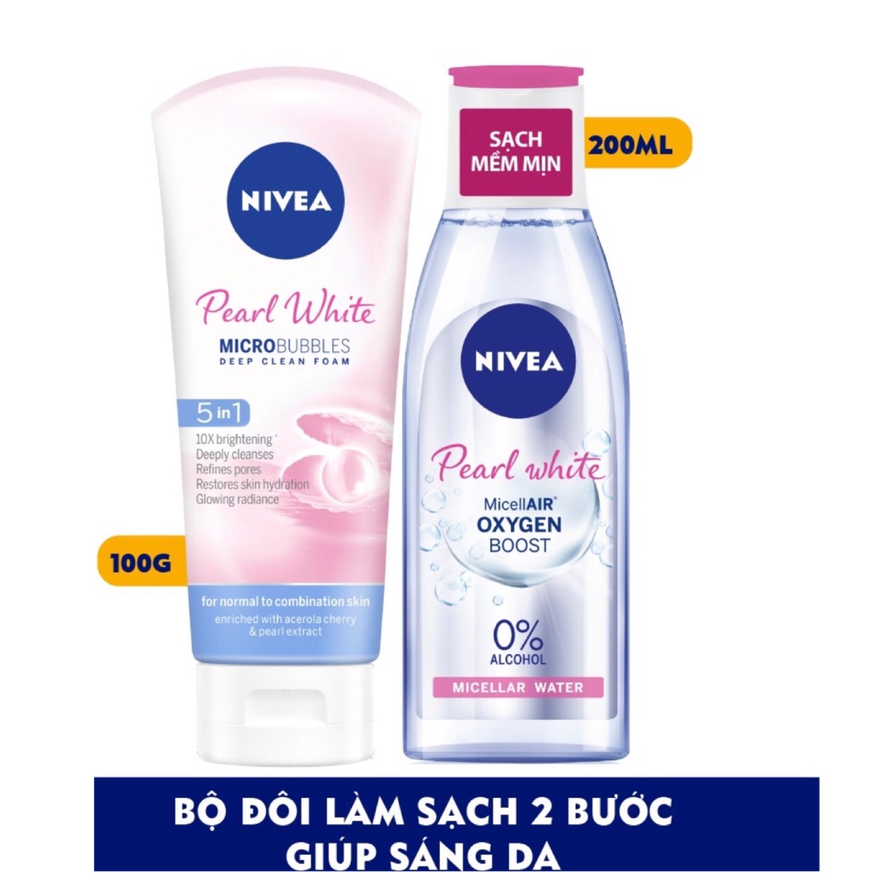 Bộ Đôi Làm Sạch NIVEA Pearl White Trắng Da (Sửa Rửa Mặt 100G + Nước Tẩy Trang Không Cồn 200ml)