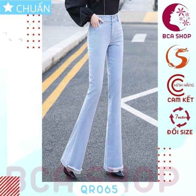 Quần jean nữ ống loe QRO65 ROSATA tại BCASHOP dáng dài lai phối ren, lưng cao 1 nút, phom chuẩn, chất liệu jean cao cấp