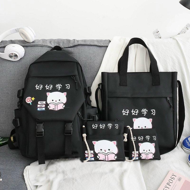 Set balo 4 món mèo cute đọc sách