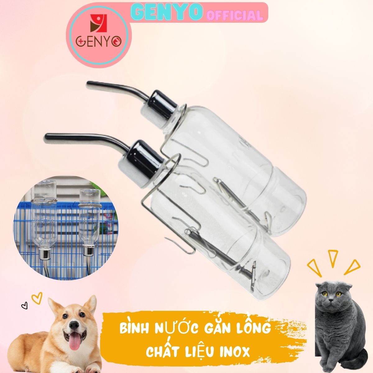 Bình nước cho thú cưng bình nước gắn chuồng chất liệu inox bình nước cho chó mèo - Genyo pet care