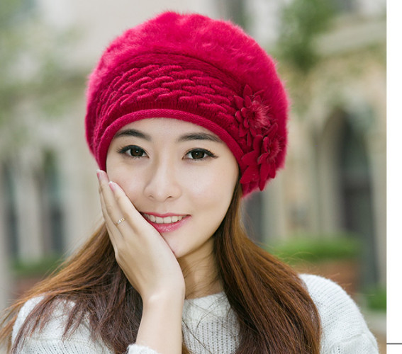 Mũ nồi len lông thỏ gắn hoa đôi thời trang Mũ nón len nữ màu đỏ