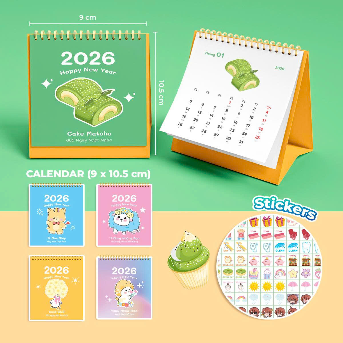 Lịch Để Bàn Mini 2026 – Bộ 5 Cuốn Lịch Có Note Kèm Sticker Trang Trí Dễ Thương (9x10.5cm) Bộ 5 Cuốn