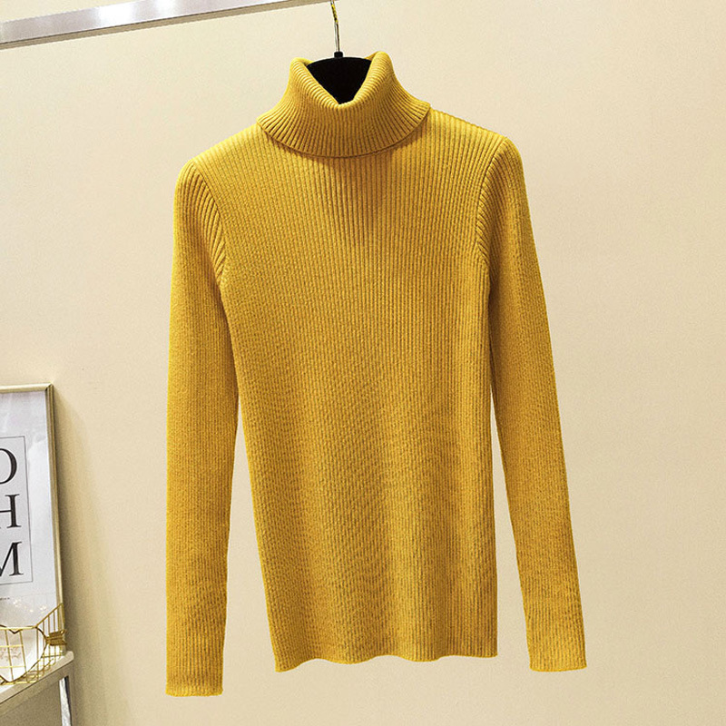 Women Sweater Stretchy Solid Color Ribbed High Neck Long Sleeve Slim Autumn Winter Casual Brief Pullover