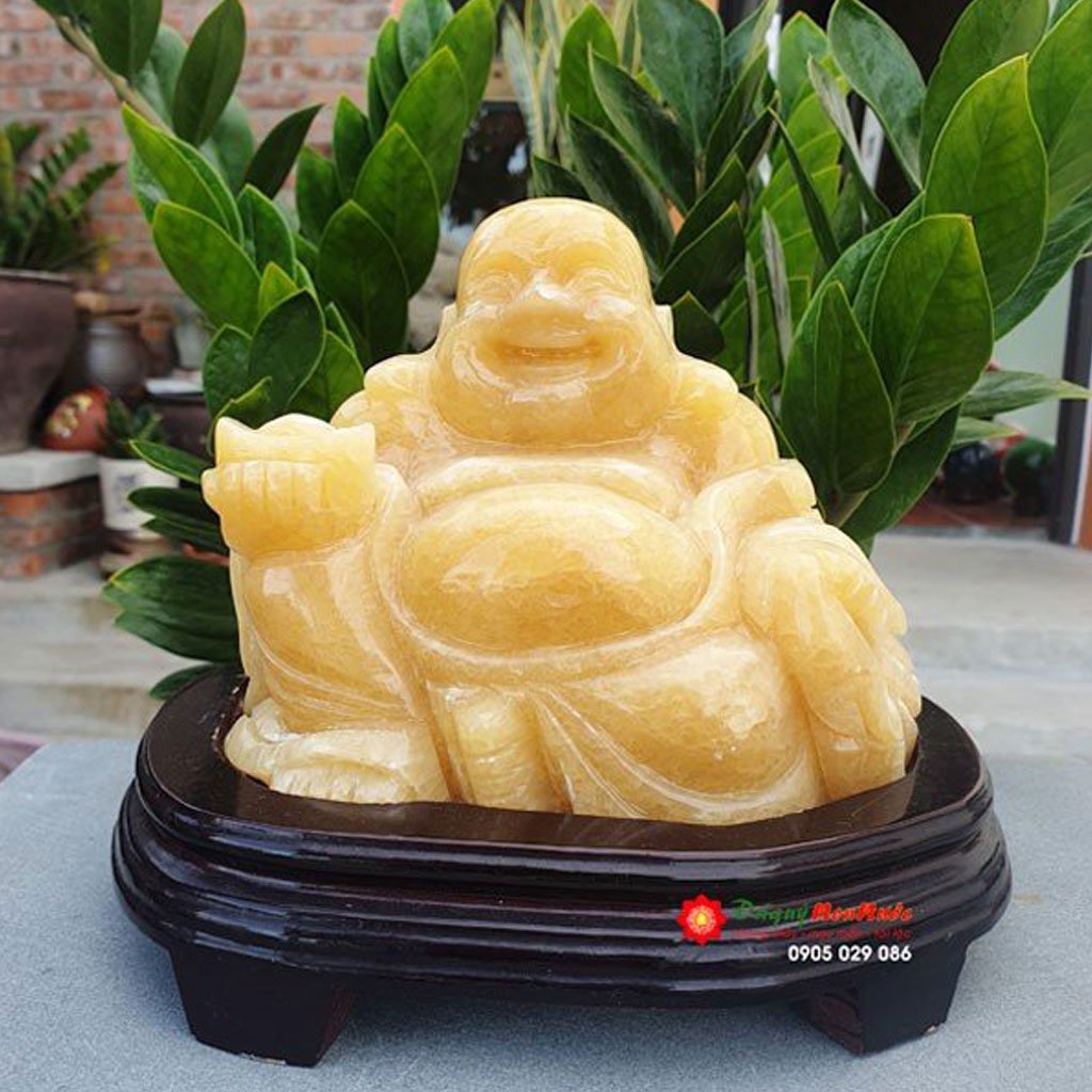 Tượng Phật Di lặc đá ngọc hoàng long 17cm ngồi đế gỗ - đá Non Nước