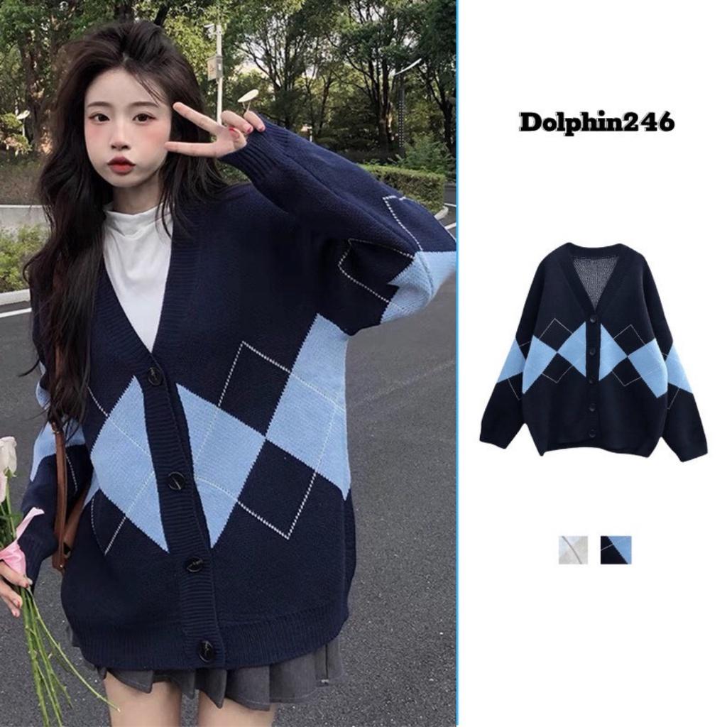 Áo khoác len cardigan nữ Quảng châu họa tiết hình thoi kim cương trám caro xanh phong cách hàn quốc vintage ulzzang G-15