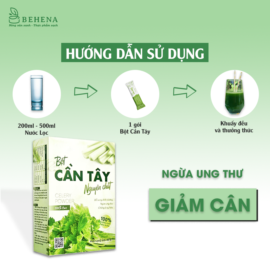 Bột Cần Tây Nguyên Chất Behena 50g - Cần Tây Sấy Lạnh Nghiền Mịn Bằng Cối Đá - Hỗ Trợ Giảm Cân - Mỡ Máu - Huyết Áp Cao