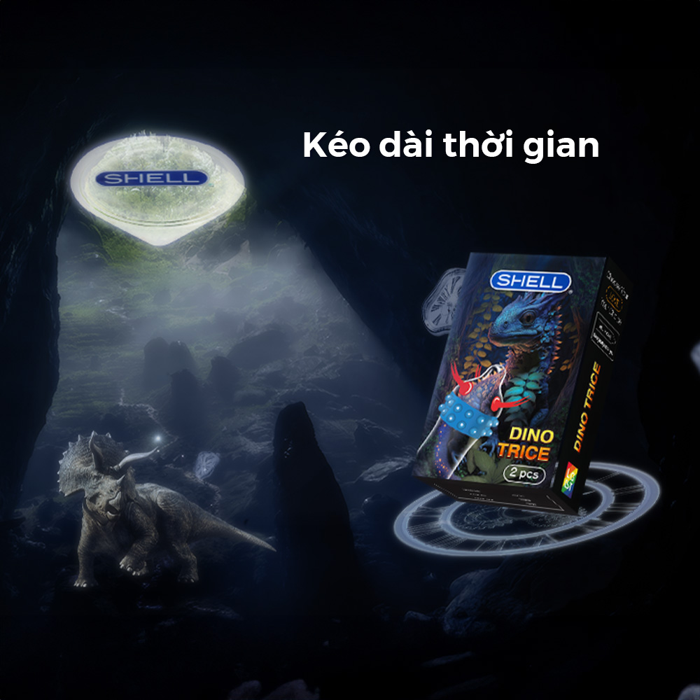 Bao cao su Shell Dino Trice - 1 bao gai, 2 vòng bi + 1 bao Shell Performax (Hộp 2 cái) | SHELL CHÍNH HÃNG