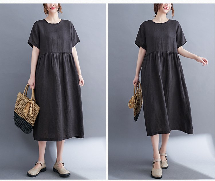 Đầm bầu nữ thời trang, Váy bầu suông linen nữ cổ tròn ngắn tay nhún eo B81
