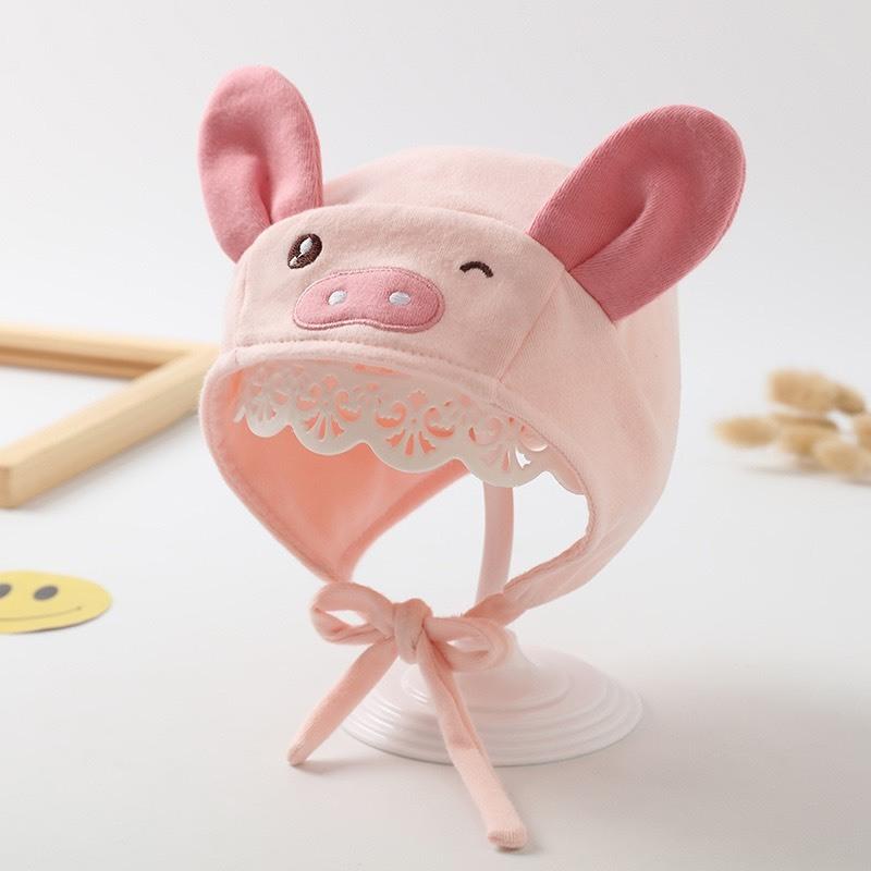 Mũ Nón Cotton Có Dây Cột Siêu Dễ Thương 2 Lớp Cho Bé Từ 3-12 tháng - Heo Hồng