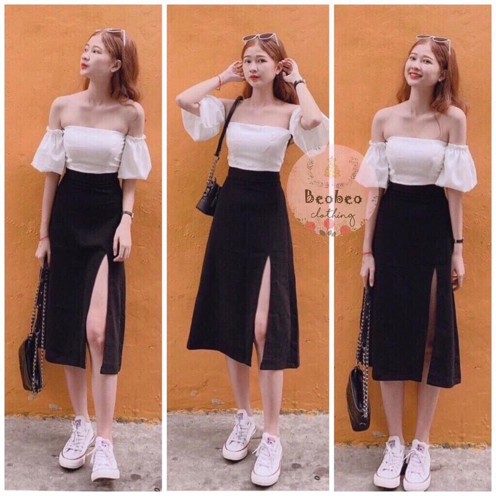 Chân váy midi xẻ tà siêu hot