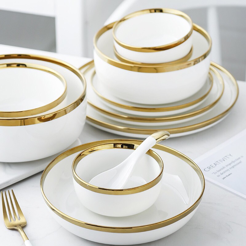 Bát đĩa 26 món. set bát 26 món màu trắng viền vàng - Sứ Cẩm Thạch Viền Vàng 24k Sang Trọng