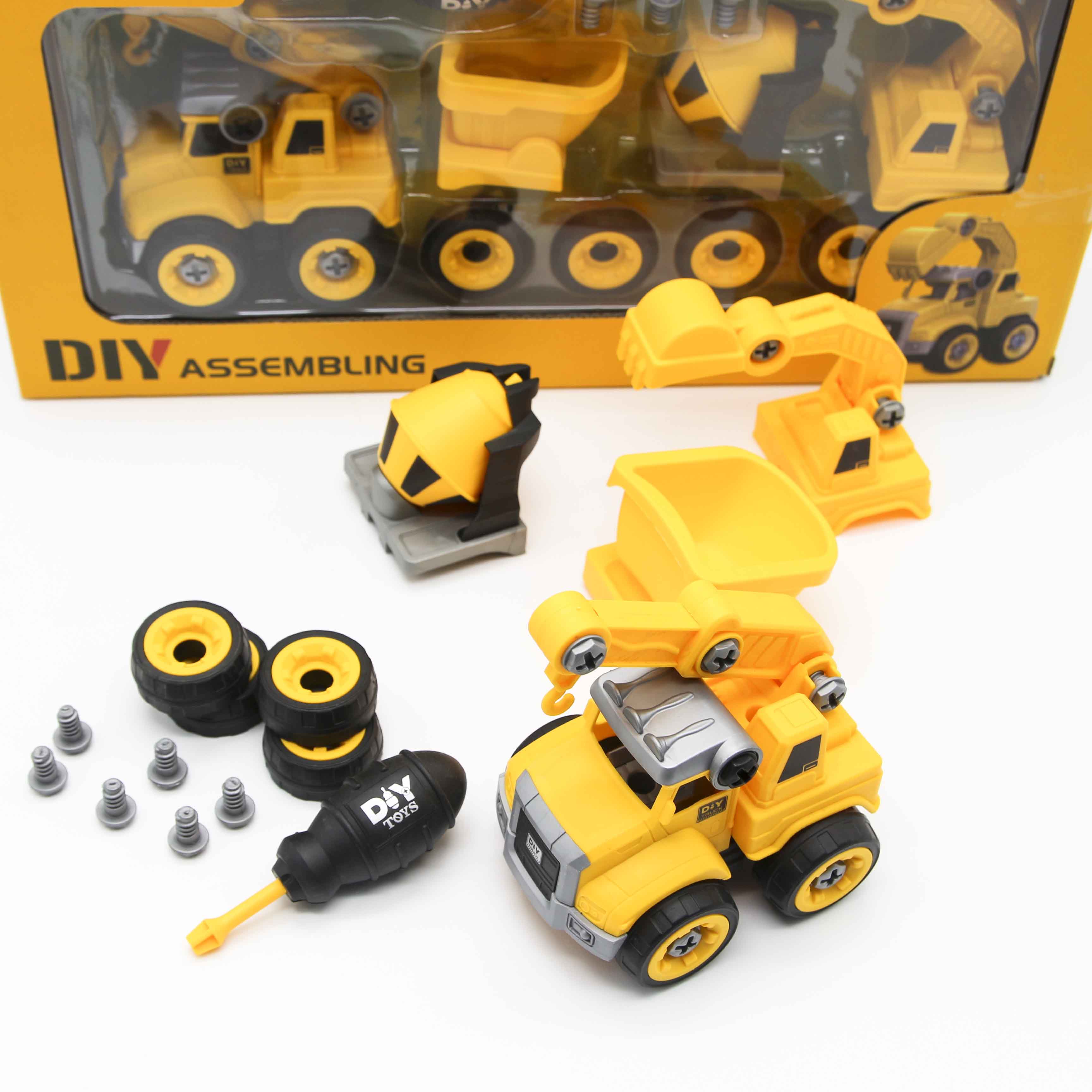Đồ chơi lắp ghép mô hình oto xây dựng DIY 4 món gồm Cần cẩu, máy múc, xe bồn và xe ben Toys house