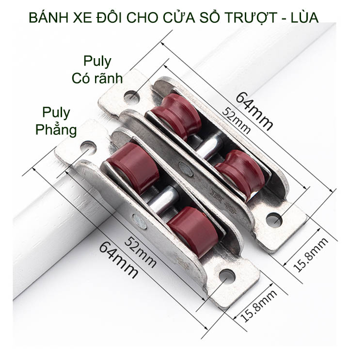 Bộ 2 bánh xe đôi cho cửa trượt-cửa lùa khung thép không gỉ, bánh xe nhựa Nilong rộng 16mm, dùng cho cửa trượt-lùa