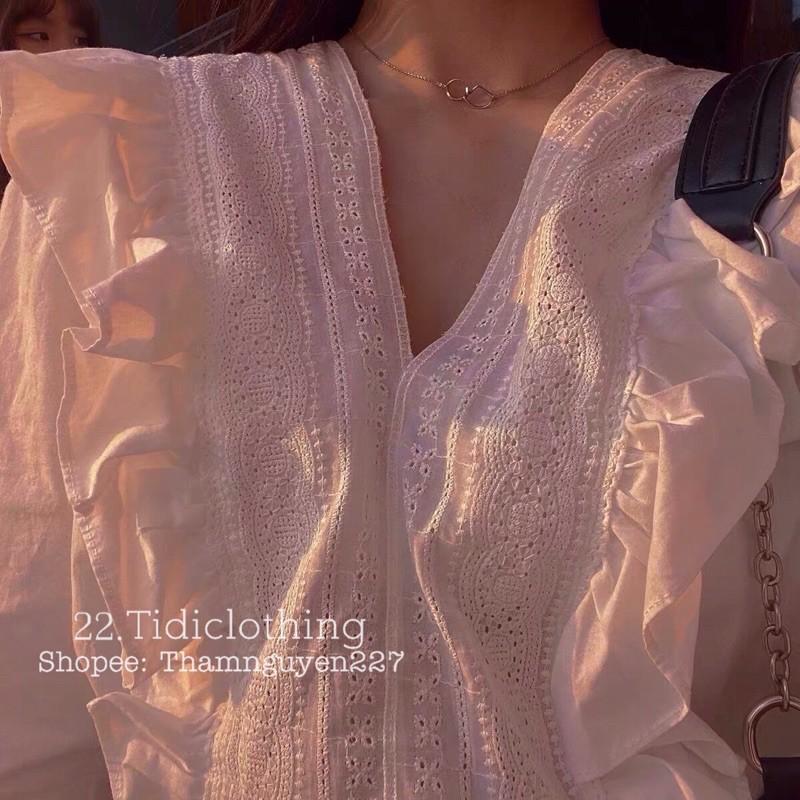 Áo sơ mi cổ V phối ren Hàn Quốc _ sơ mi ulzzang tay dài chất đẹp