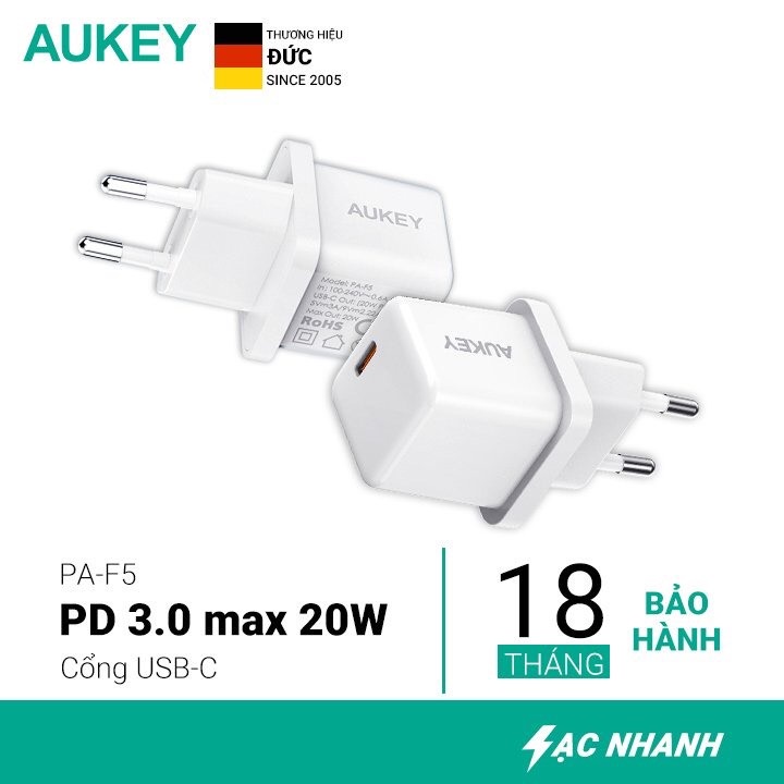 Combo 2 Củ Sạc Nhanh Aukey PA-F5 20W Chuẩn Power Delivery 3.0 - Hàng Chính Hãng