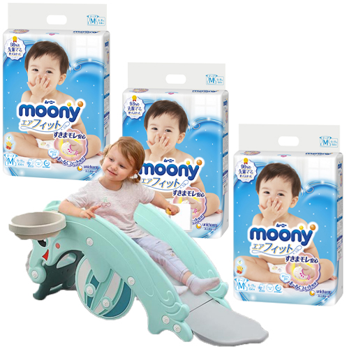 Combo 3 gói tã dán Moony cao cấp size M64 tặng cầu trượt kiêm bập bênh