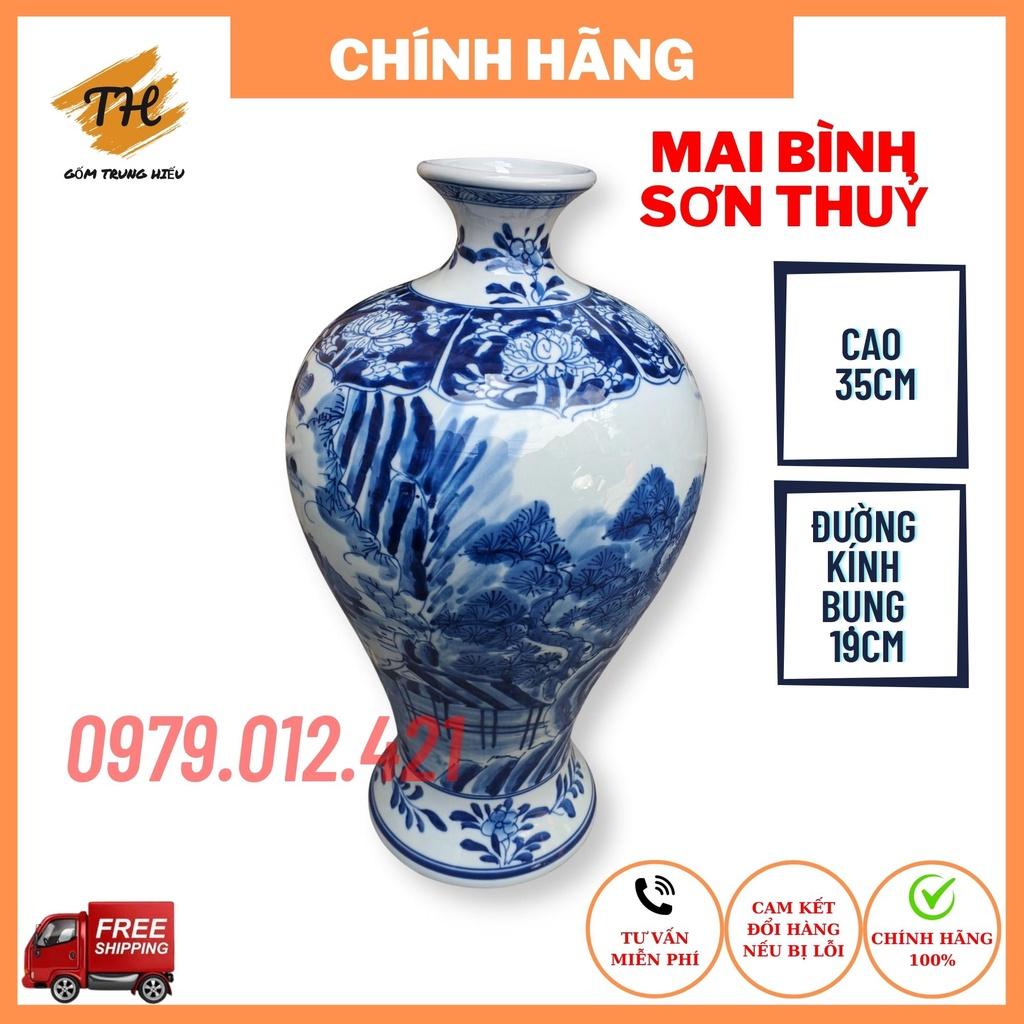 Mai bình hút lộc Bát Tràng họa tiết Sơn Thuỷ vẽ thủ công cao 35cm, đường kính 19cm