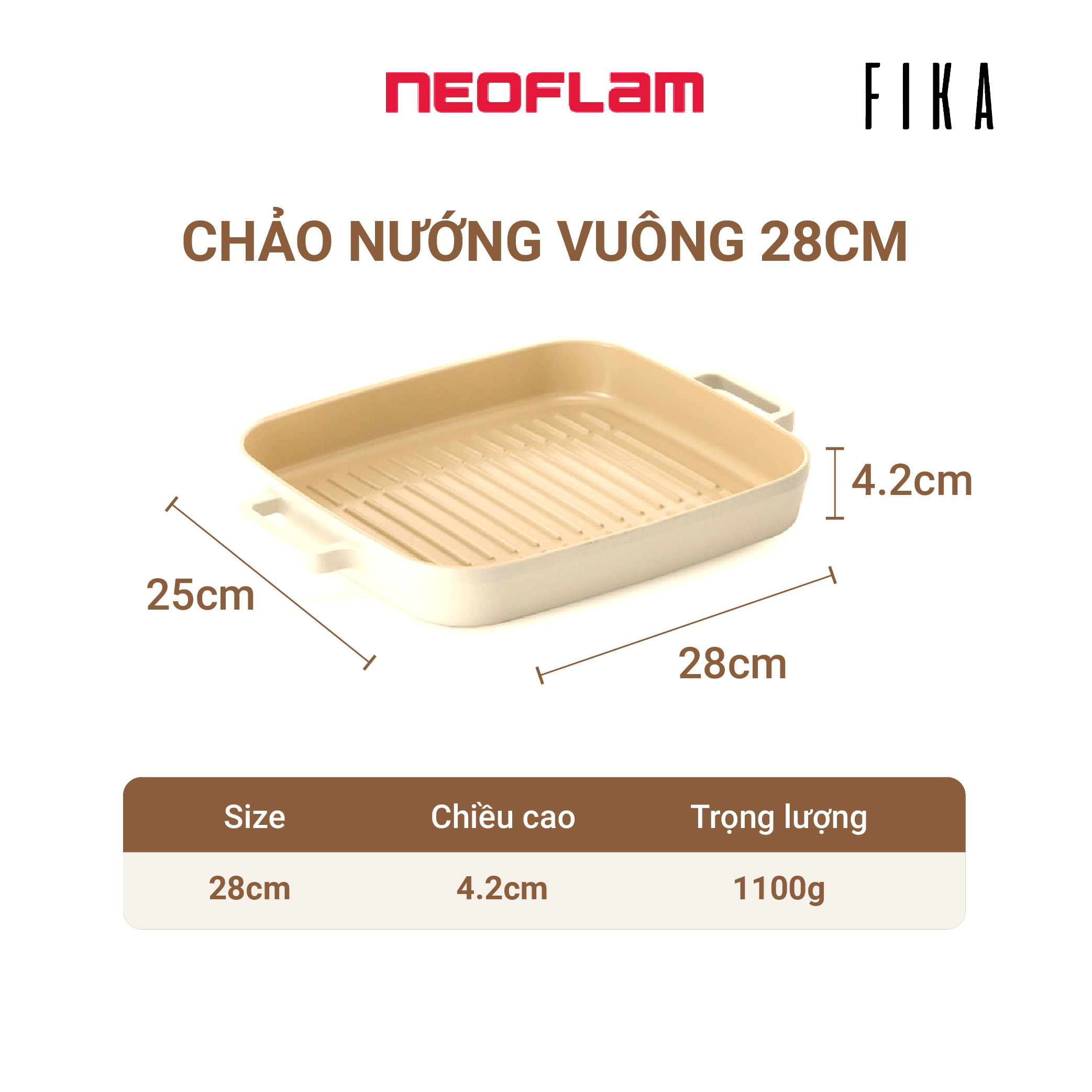 [Hàng chính hãng] Chảo nướng chống dính bếp từ  Neoflam Fika 28cm. dùng để nướng trên bếp hoặc thay khay trong lò nướng.  Made in Korea. Hàng có sẵn, giao ngay