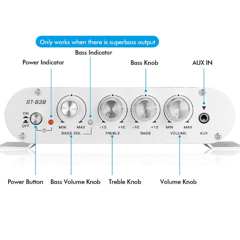 Âm ly - amply MINI ST-838 12V Hi-Fi 2.1 cho Xe ô tô,Xe máy, âm thanh gia đình có Bass mẫu mới 2020 - hàng chính hãng