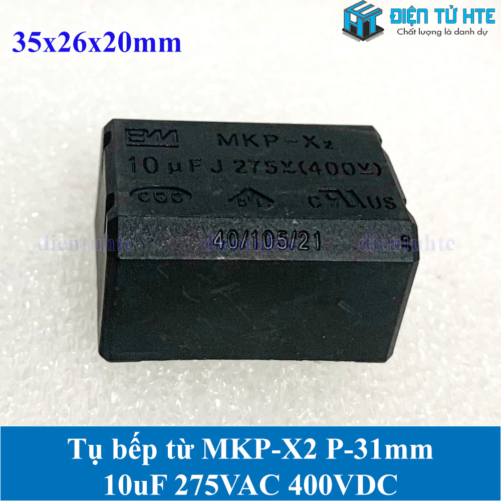 Tụ bếp từ MKP-X2 10uF 275VAC 400VDC pitch 31mm Đen size 35x26x20mm