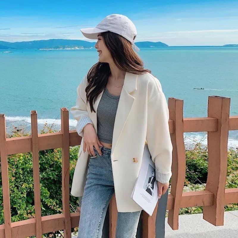 Áo blazer phong cách Ulzzang Hàn Quốc loại 1 màu be và đen dành cho nữ chất đẹp dáng vest dài tay phom rộng cá tính