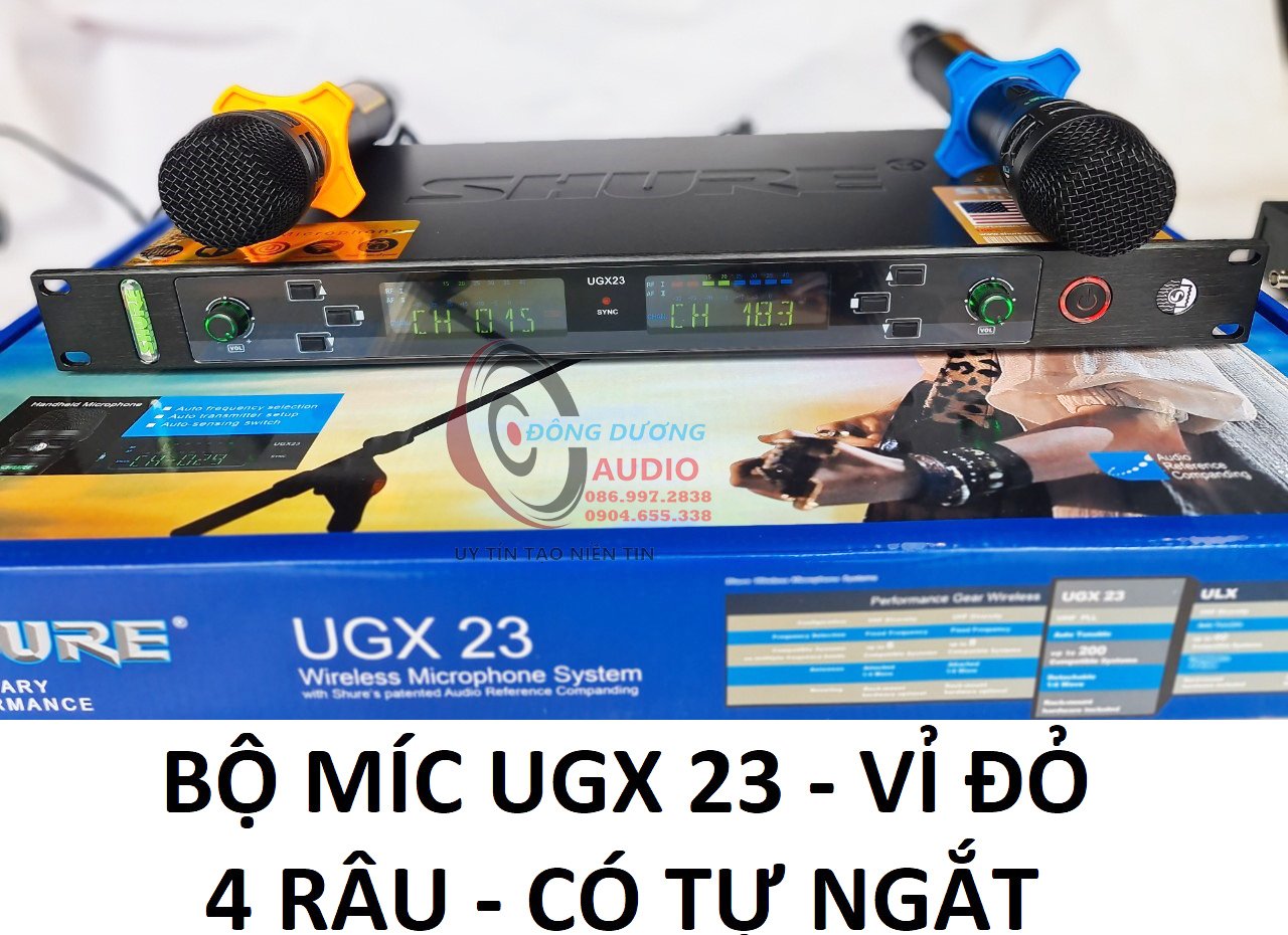 TRỌN BỘ - BỘ MICRO KHÔNG DÂY UGX 23 SHURE PRO - VỈ ĐỎ  - 4 RÂU - CHỐNG HÚ CAO - BẢO HÀNH 12 THÁNG