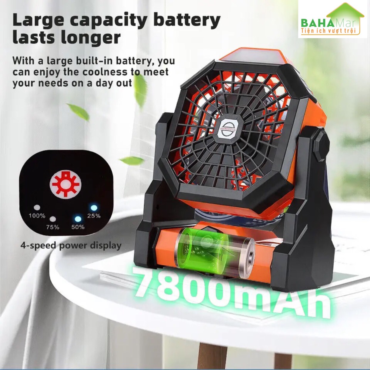 QUẠT DI ĐỘNG SẠC ĐIỆN ĐIỀU CHỈNH TỐC ĐỘ VÔ CẤP CÓ TÍCH HỢP ĐÈN LED "BAHAMAR" có thể được sử dụng trong cắm trại và ngoài trời