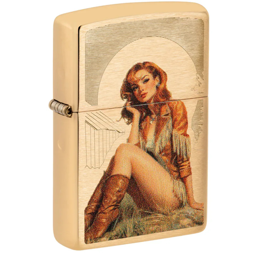 Bật Lửa Zippo Western Pinup Design Chính Hãng Mỹ - Bật Lửa Zippo Đồng Thau Mài Bóng Cổ Điển Cô Gái Cao Bồi