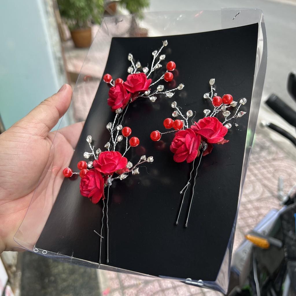 Bộ 3 trâm hoa hồng đỏ đính đá cài tóc cô dâu hoa to Giangpkc