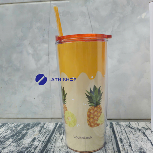 Ly Nhựa LocknLock 2 Lớp Kèm Ống Hút Nắp Trượt Đóng Mở Hình Hoa Quả - 600ml - Nhiều Hình