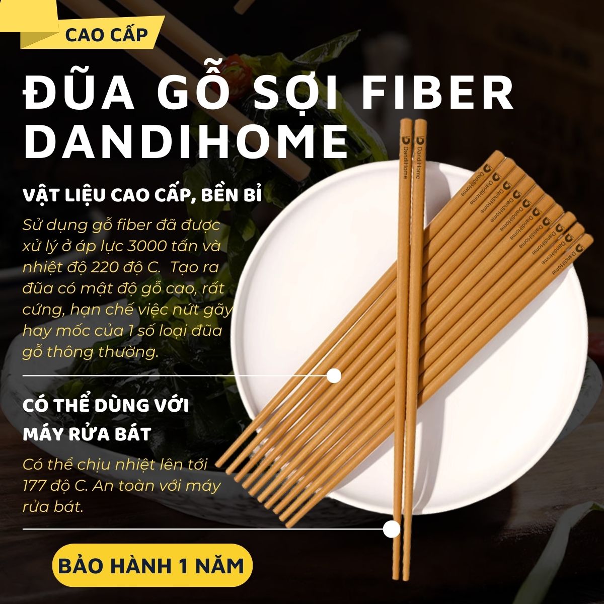 Đũa gỗ fiber mật độ cao DandiHome dùng được trong máy rửa bát - Bảo hành 1 năm