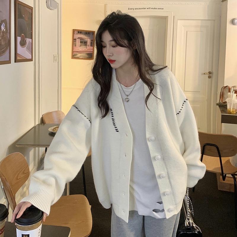 Khoác Len Cardigan | Áo Cardigan Len Trắng Thu Đông Cổ V Chất Len Lông Phong Cách Hàn Quốc, Thời Trang Ulzzang