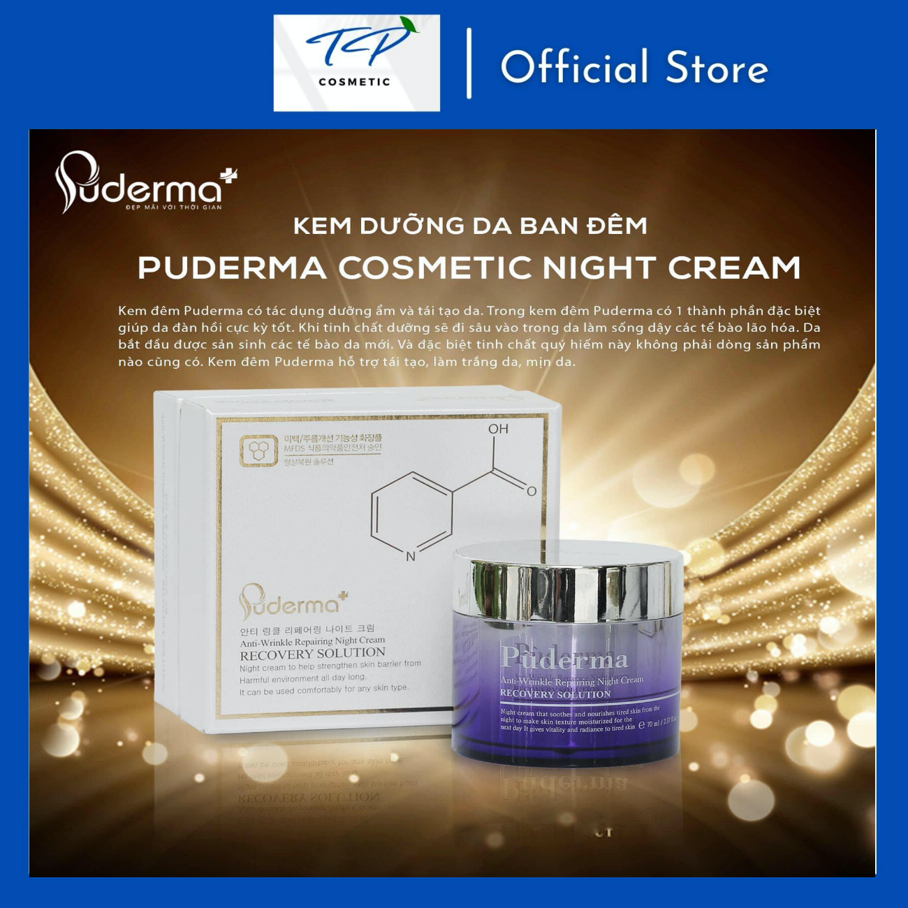 Kem Dưỡng Da Ban Đêm Puderma Anti-Wrinkle Repairing Night Cream 50ml: cấp ẩm, tái tạo da, căng cơ